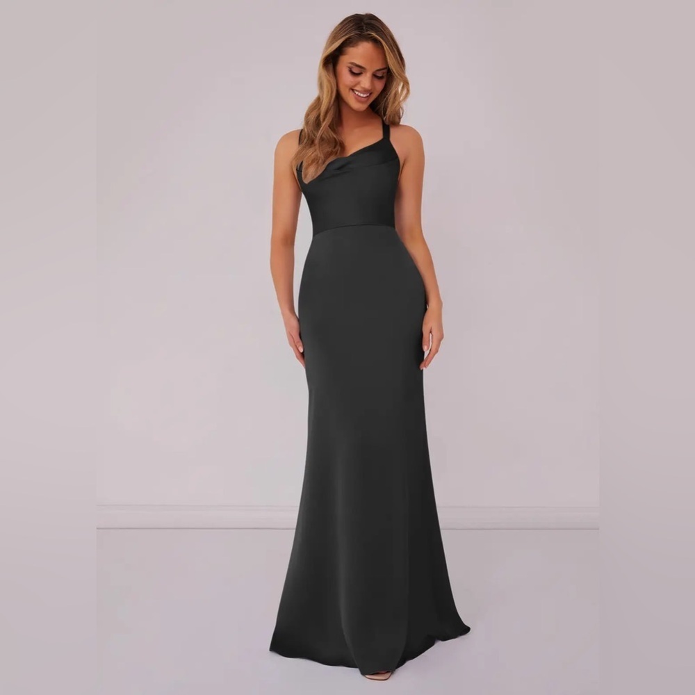 Azazie Barbie Black Mermaid Pleated Stretch Satin Dress